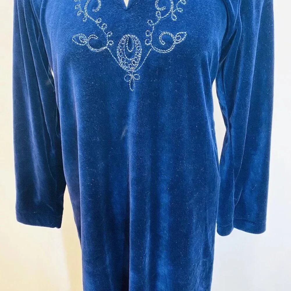 CJ Women Long Sleeve Knee Length Velvet Embroidered Blue Dress Size Large 36-38 - Picture 4 of 12